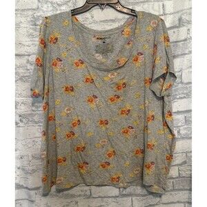 BongoPlus Blouse Womens 2X Tshirt Top Gray Floral Orange Yellow Scoop Neck